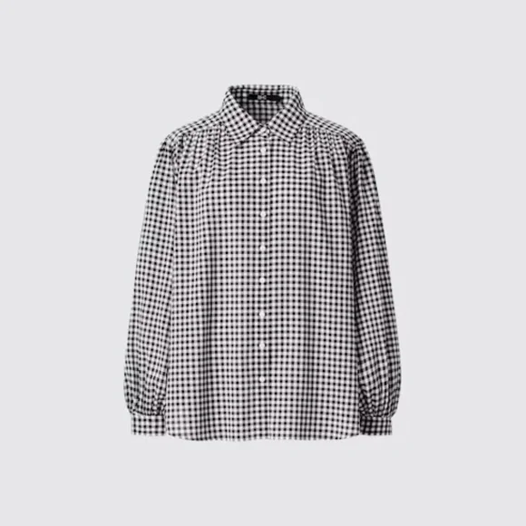 NWT Uniqlo Gathered Checked Volume Long Sleeve Blouse - Picture 2 of 6